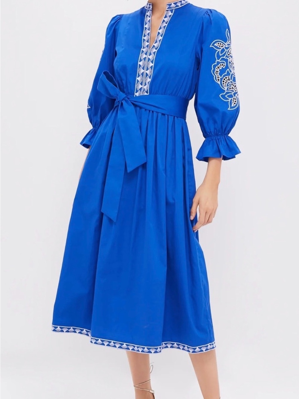 Embroidered Cobalt Blue Midi Dress with Tie Waist